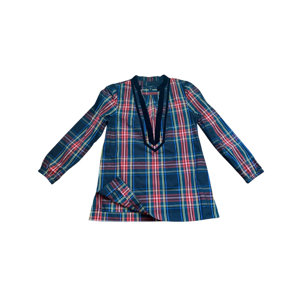 J. Crew Plaid Velvet Trim‎ Tunic Shirt Dress Women's XS Long Sleeve